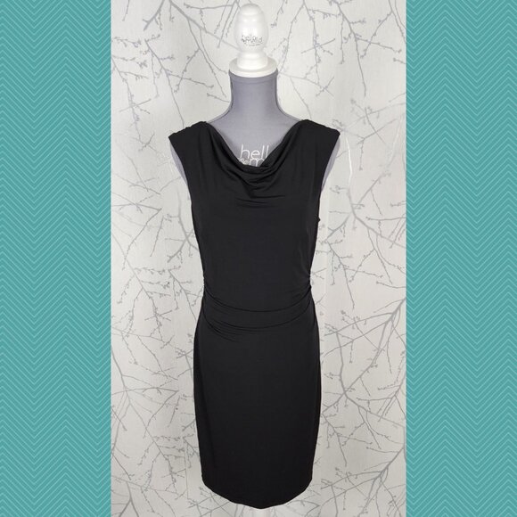 David Meister Black Stretch Knit Cowl Neck Ruched Sheath Dress - Picture 1 of 6